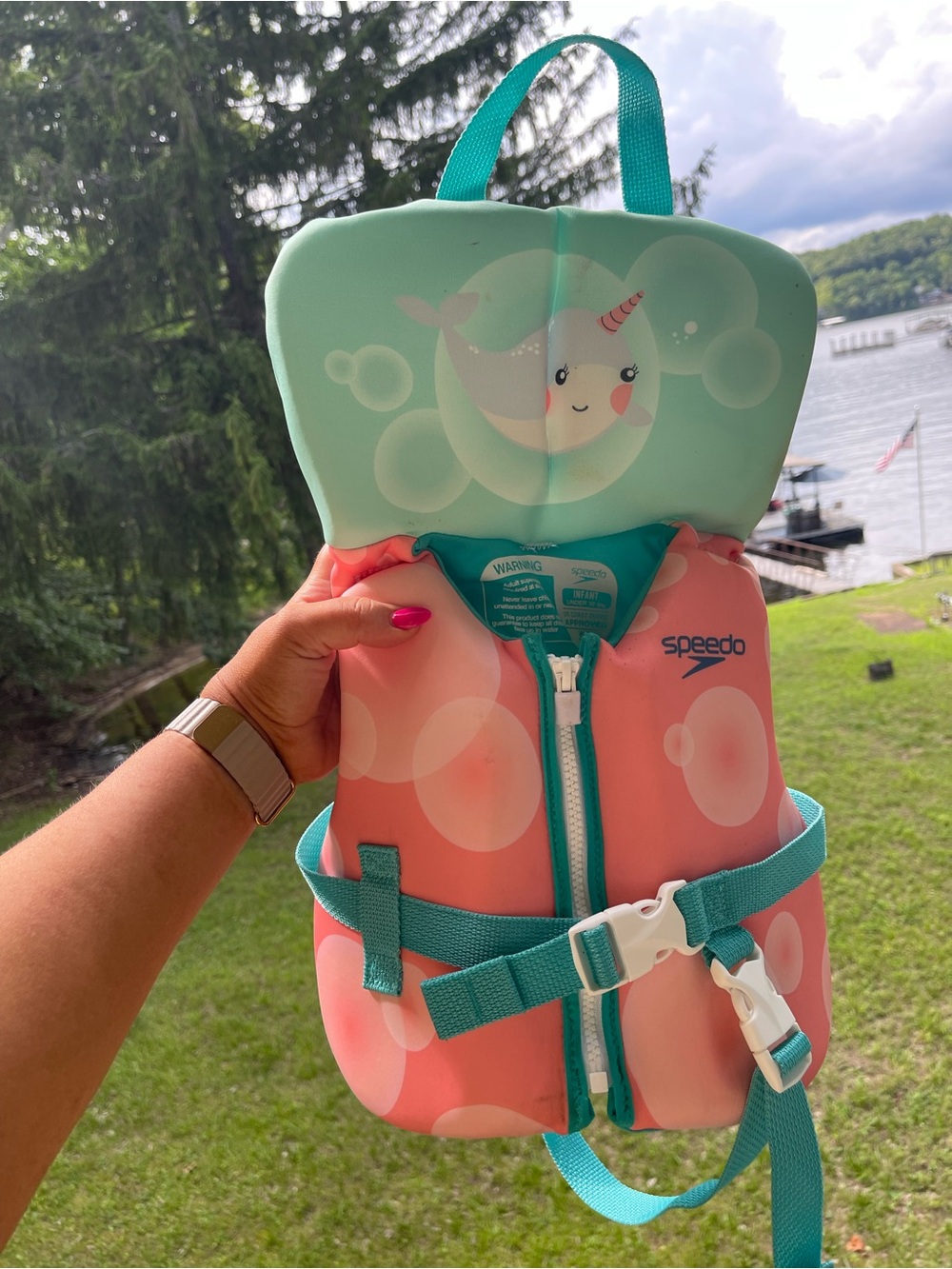 Speedo Pink and Teal Kids Swim Vest with Narwhal Graphic